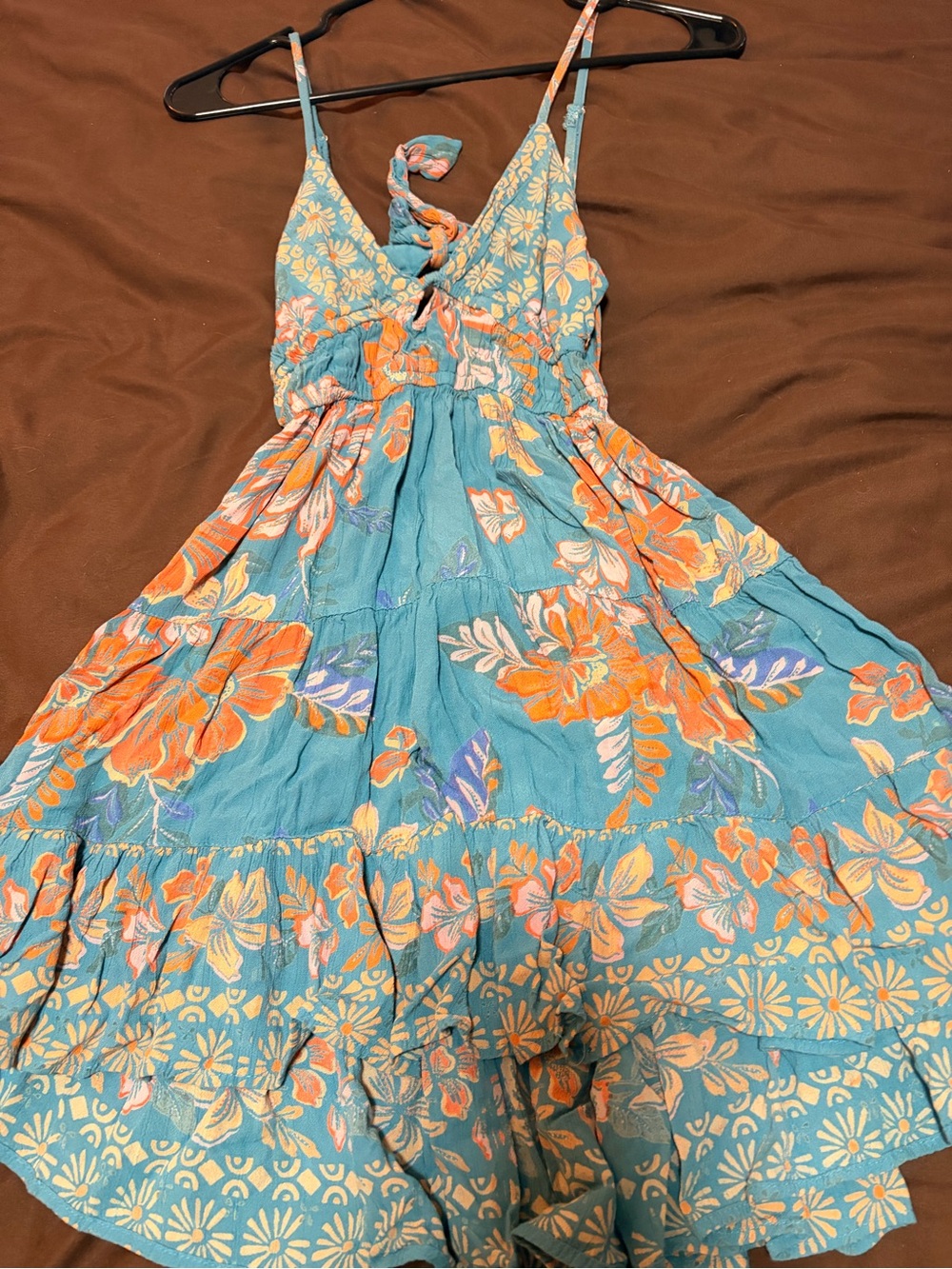 Angie Teal Floral Tie-Back Mini Dress with Orange Blooms